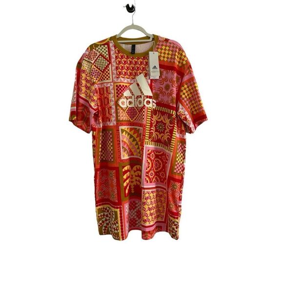 NWT Adidas x Farm Rio Crew Neck Short Sleeve Slim Dress Multi-Color Womens Large - Picture 2 of 7